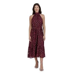 Donna Rico Halter Neck Midi Lined Dress In Wine With Gold Diamond Pattern Sz 14